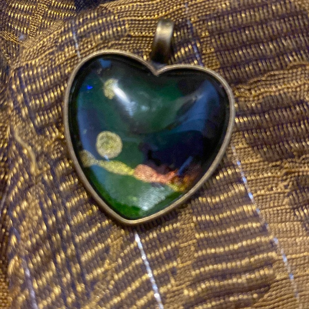 Heart Shaped Faux Antique Bronze Pendant w Original Art Piece Under Domed Glass